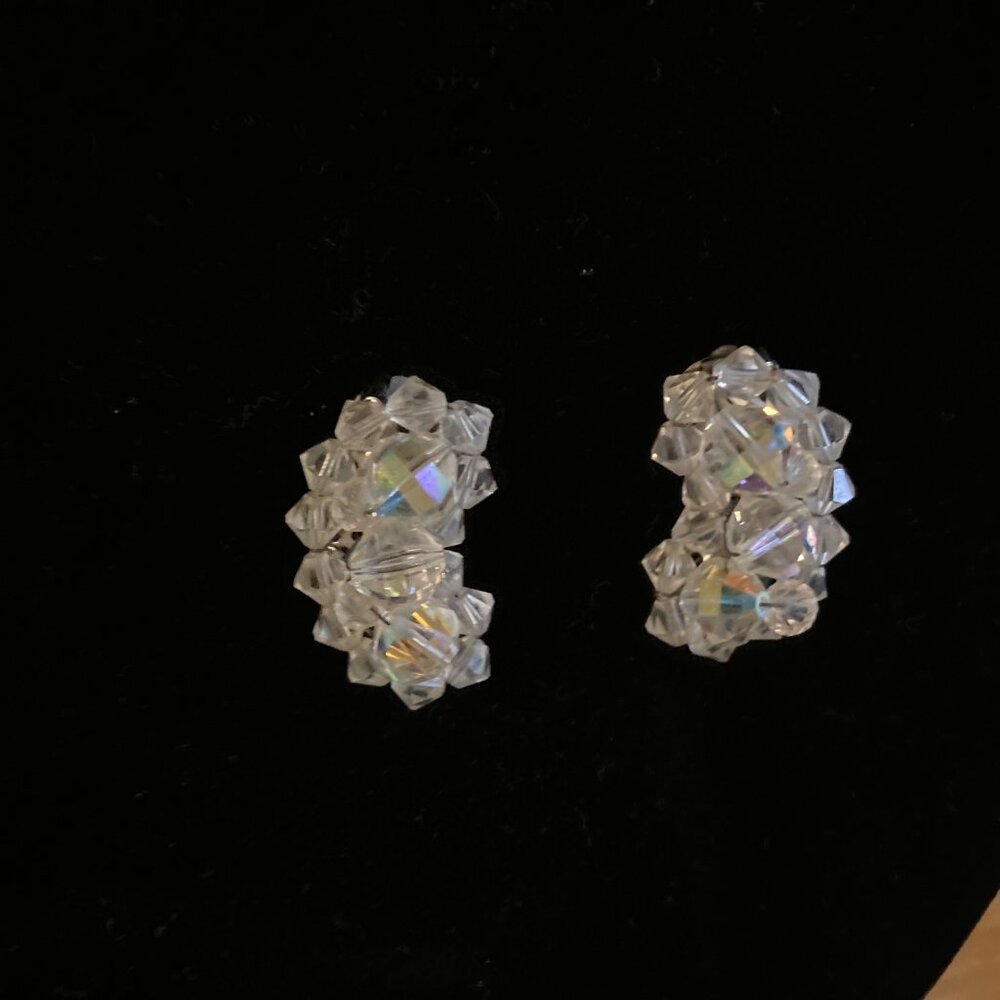 Vintage 50's Clip On Earrings Rainbow Glass Bead Silver Tone 1.25" 1/2 Moon Shap